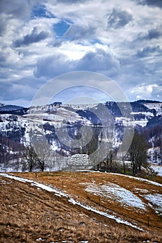 View of the old ruined house building on the hills in winter, Dumesti, Romania,  vertical