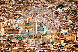 View of old silam medina downtown mosque in Fes, morocco