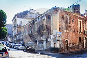 View of old street, facades of ancient buildings in seafront of Ortygia Ortigia Island, Syracuse, Sicily, Italy