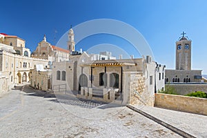 View on the old street and Greek Byzantine Catholic Church in Bethlehem. Palestinian territories. Israel