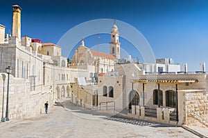 View on the old street and Greek Byzantine Catholic Church in Bethlehem. Palestinian territories. Israel