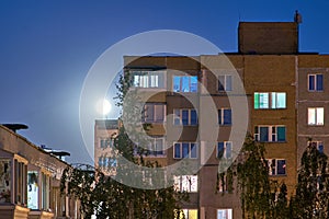 View of an old tall building in a residential area of Minsk near Uruchye