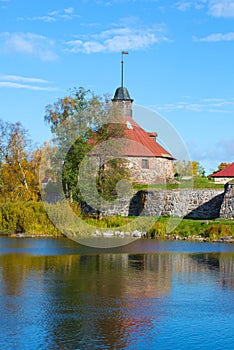 View of the old tower Lars Torstennsona, sunny afternoon. Korela fortress. Priozersk, Russia