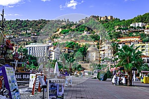 View of the Old Town from the Alanya Marina Yat Limani embankment. Beautiful cityscape with city