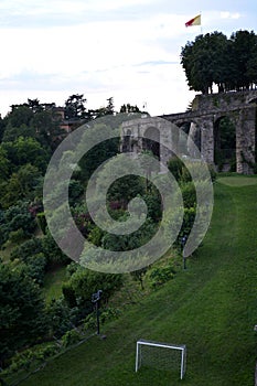 View at Old Town Citta Alta of Bergamo from San Vigilio Hill. Bergamo