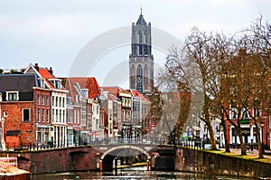 View of old town with Dom Tower in Utrecht, Netherlands during the cloudy day