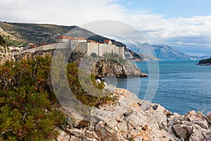 View of the old town and fortification wall in Dubrovnik