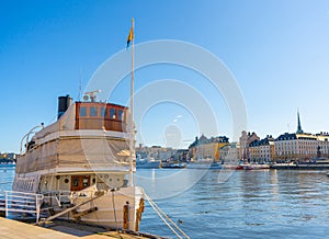 View of the old town gamla stan. Stockholm capital of Sweden. Lakeside panorama.