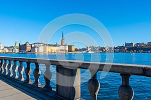 View of the old town gamla stan. Stockholm capital of Sweden. Lakeside panorama.