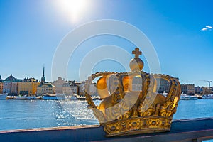 View of the old town gamla stan. Stockholm capital of Sweden. Panorama with crown.