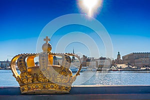 View of the old town gamla stan. Stockholm capital of Sweden. Panorama with crown.