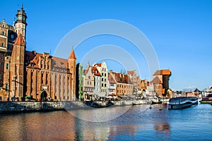 View of old town Gdansk, Poland Polska / Polen with merchants` houses, and historic medieval Crane Å»uraw / Krantor. Beautiful