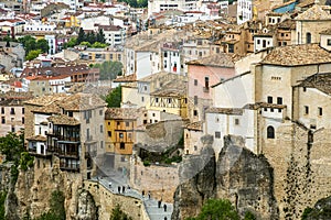 View of the old town, with the hanging houses in the foreground, of Cuencia, Spain