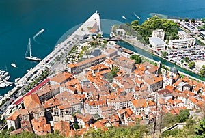 View of the old town of Kotor and the beautiful Boka Kotor Bay from mountain Lovcen. Montenegro. Top view. Selective focus