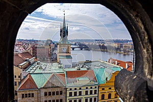 View from Old Town Lesser Bridge Tower to Prague Czech Republic