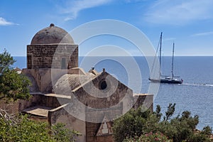 View of the old town of Monemvasia in Lakonia of Peloponnese, Greece