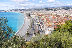 View of Old Town Nice, France, the beach and promenade from Castle Hill