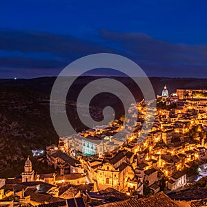 View of the old town of Ragusa Ibla at night, Sicily, Italy