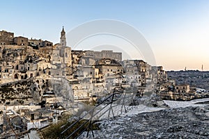 View at the old town - Sasso Caveoso - of  Matera during sunrise, Basilicata, Italy