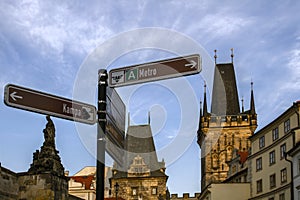 Information street sign in Prague. In the background could see the old city . Prague. Czech Republic.