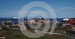 view of the old town and the sea with the icebergs, Ilulissat, Greenland