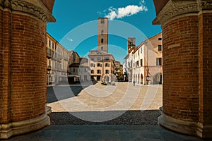 View of the old town square in Alba, Italy