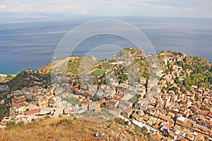 View of the Old Town of Taormina and the Sea. The island of Sicily, Italy