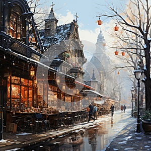 View of the Old Town During Winter, a Warm Glow from a Shop