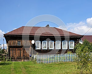 View of the old traditional log house. Village of Visim, Sverdlovsk oblast, Russia