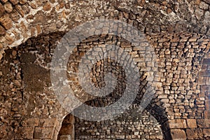 View of the old vaulted ceiling of the ancient crusader castle in the historic city of Byblos. The city is a UNESCO World Heritage