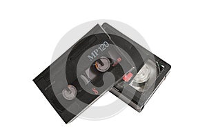 View of old video tape cassettes isolated on white background with clipping path