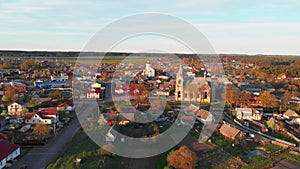 The view of the old village Rakov and chatolic church, Belarus, Minsk region