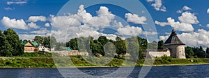 View of old walls, tower of the kremlin in pskov.