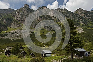 View of old wood rest-house, bivouac or bungalow by rest-house Maliovitza on the ecological walk toward Maliovitza peak in Rila