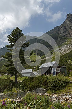 View of old wood rest-house, bivouac or bungalow by rest-house Maliovitza on the ecological walk toward Maliovitza peak in Rila