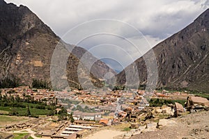 View of Ollantaytambo town in Sacred valley of the Inkas