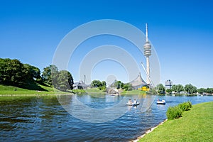 View of Olympia Park with Olympia Tower Olympiaturm in Munich, Bavaria Germany