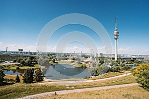 View of Olympia Park with Olympia Tower Olympiaturm in Munich, Bavaria Germany