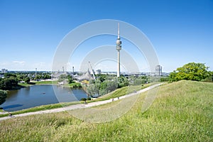 View of Olympia Park with Olympia Tower Olympiaturm in Munich, Bavaria Germany