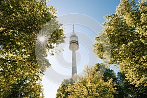 View of Olympia Park with Olympia Tower Olympiaturm in Munich, Bavaria Germany