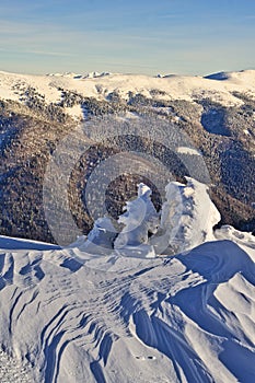 View from Ondrejska Hola in Low Tatras mountains with frozen spruce trees