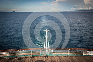 A view from one of the aft decks of a cruise ship.