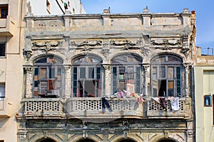 View of one of the balconies in a residential building in Old Havana. Cuba