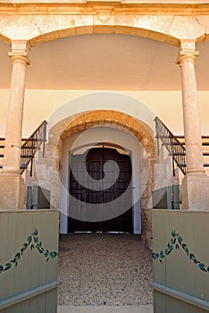 View of one of the doorways inside the famous bullring, Ronda, Spain.
