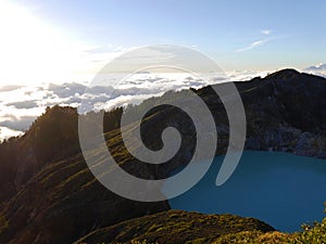 View of one of Kelimutu tri-coloured crater lakes, Flores, Indonesia