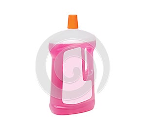 The pink colour liquid cleaning material in the plastic bottle. photo