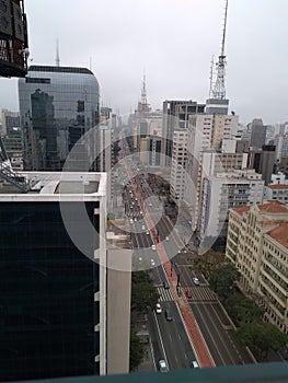 View of one of the main avenues on a rainy afternoon in the city of SÃ£o Pualo, Brazil.