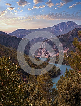 View from one of most beautiful roads in Albania along the Shkopet Lake precipitous Ñoast. Lake Ulza Nature Park, Diber County,