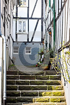 View of one of the narrow streets in the old town of Freudenberg