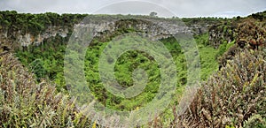 View of one of the twin volcanic craters in the highlands of Santa Cruz